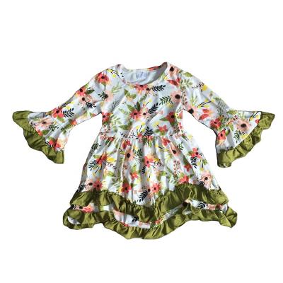 China Autumn And Winter Baby Kids Clothes Cotton Ruffle Sleeve Patchwork Washable Floral Olive Green Full Dress for sale