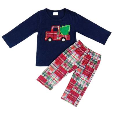 China Casual Baby Boy Clothes Santa Truck Print T-shirt Christmas Plaid Print Baby Boy Clothes for sale