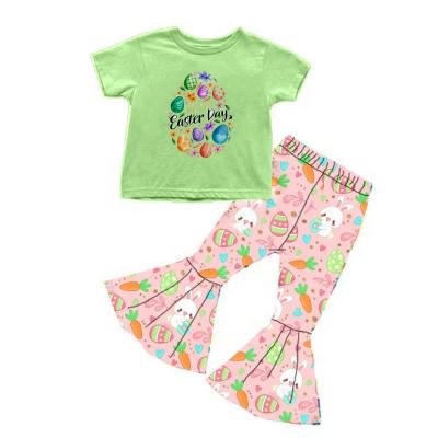 China Easter Babies Bell Bottom Pants Day Casual Short Sleeve T-shirt Top Vacation Fashion Teams Kids Clothing Suits for sale