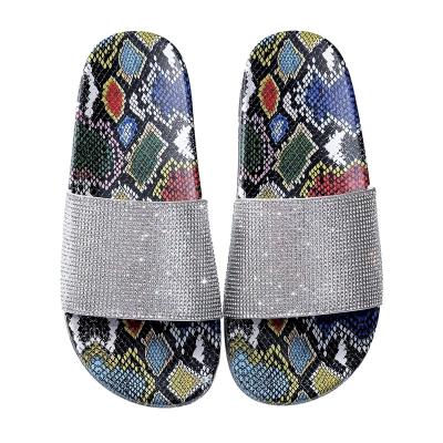 China Cushioning 2022 Summer Luxury PVC Casual Rhinestone Beach Slides Sandals Snake Print Women Platform Slippers for sale