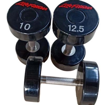 China Wholesale Gym Fitness Sports In Stock Ready To Ship PU Coat Covered Life Fitness Round Dumbbell Cast Iron Head 2.5kg-60kg Commercial Gym Dumbbells for sale