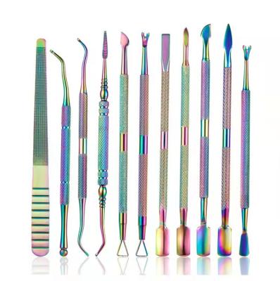 China Professional Finger Cuticle Pushers Stainless Steel Color 11pcs Set Triangle Tip Double Sides Cuticle Pusher Nail Pushers for sale