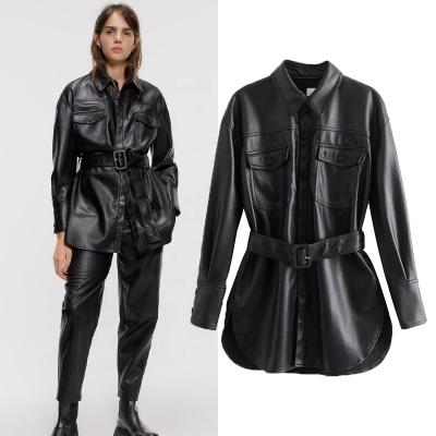 China New Design QUICK DRY Motocycle Jacket Casual Women Long Belted PU Leather Jacket for sale