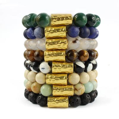 China Wholesale Elegant Elegant BN1046 Gemstone Beaded Gold Hammered Tube Bracelet for sale