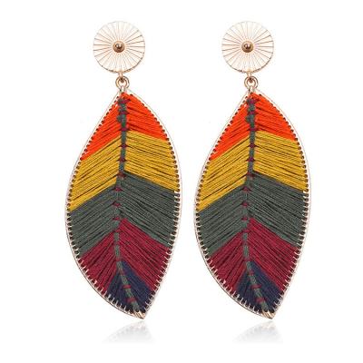 China EM1035 Boho Unique Handwork Woven ALLOY Cotton Leaf Earrings Gold 2019 Stud With Drop Leaf Charm for sale