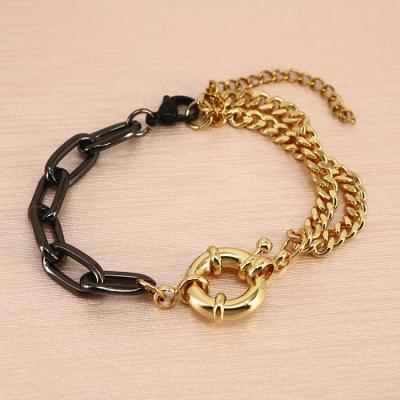 China Trendy Popular Fashion Hip Hop Jewelry 18k Cuban Link Gold Plated Chain Bracelet With Round Spring Wheel Clasp Lock for sale