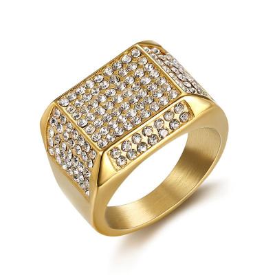 China Hiphop RS1024 Non Tarnish Hip Hop Jewelry Gold Plated Iced Out Crystal Pave Stainless Steel Mens Rings for sale