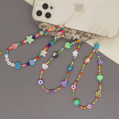 China Stylish Multicolor Colorful Smiley Daisy Flower Yin Yang Phone Evil Eye Polymer Clay and Bead Beaded Accessories Charms Chain Straps for sale