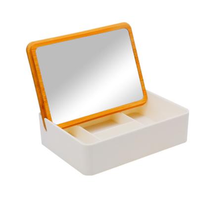 China Contemporary Bamboo Plastic Made Cosmetics Storage Mirror Case Small Dresser Makeup Case for sale