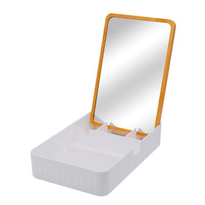 China Contemporary Square And Round Bamboo Cosmetics Storage Mirror Box Small Makeup Case Plastic Made Dresser for sale