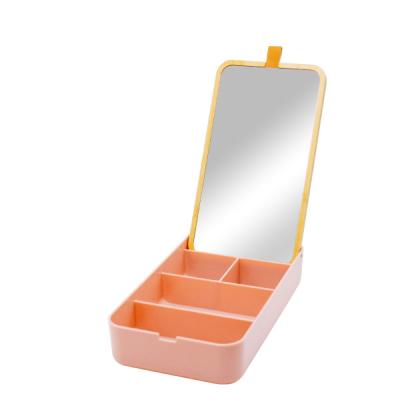 China Contemporary Square And Round Small Dresser Cosmetics Storage Mirror Box Makeup Case Bamboo Pink Plastic Made for sale