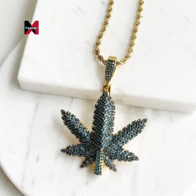 China Iced Out Green CZ Paved Hip Hop Fashion Jewelry Maple Leaf Weed Herb Pendants Necklace for sale