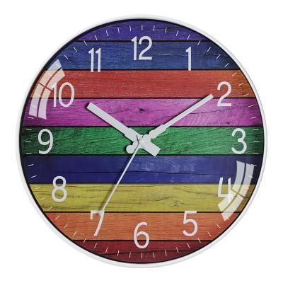 China Modern 12 Inch Round Colorful Stripe Wall Clock Metal Indicator Glass Cover Battery Operated Silent Non-ticking Clock for sale