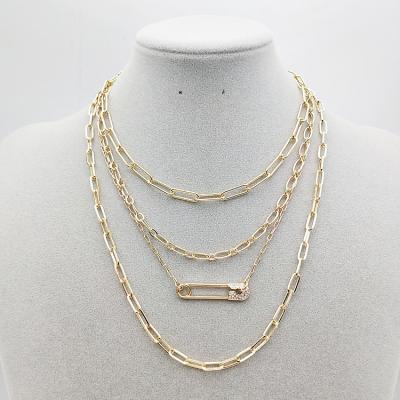 China New Trendy Geometric Rhinestone Paper Clip Chain Necklace Pendant Multilayer Jewelry for sale