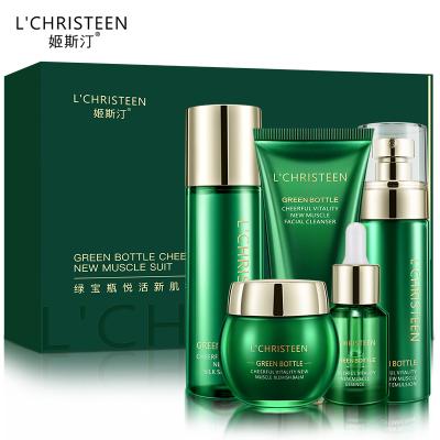 China L'CHRISTEEN Fashionable Green Bottle 5 Pieces Skin Care Cosmetic Makeup Set Moisture Whitening Serum Cream Lotion Toner Set for sale