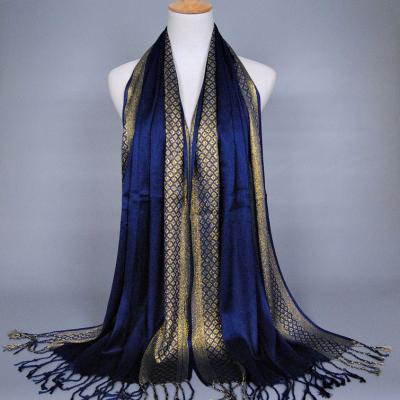 China Wholesale Cotton Muslim Women Long Twisted Tassel Gold Jacquard Scarf Shawl Sparkle Cotton Gold Thread Hijabs for sale