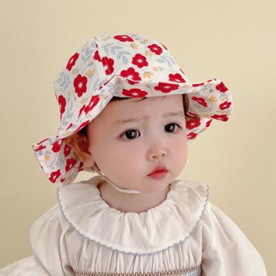 China Summer New Cotton Casual Large Brim Baby Sun Hat Sunshade Bow Flower Print Bucket Hat for sale