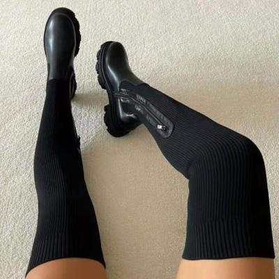 China Other Winter Fashion Knitted Solid Color Leather Over Knee High Heel Women's Leg High Boots Long Boots Women Shoes for sale