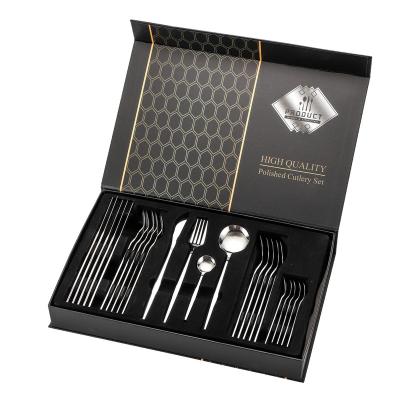 China Sustainable Luxury Mirror Polished 24 Piece Gold Flatware Stainless Steel Spoon Knife Fork Knife Cutlery Cookware Sets for sale