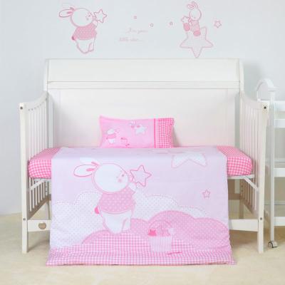 China Pink Rabbit Design Baby Bedding Set Crib Cartoon Pattern Portable Baby Crib Bedding Set Eco-friendly Woven 40 GOTS Portable Animals for sale