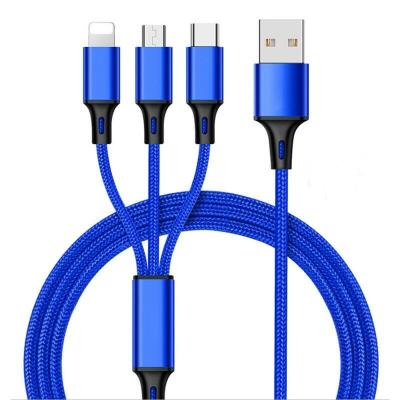 China Data Tansmission USB Cable Multi USB 3 In 1 Multi Charger In Nylon Pigtail Micro USB Type C For IPHONE Charging for sale