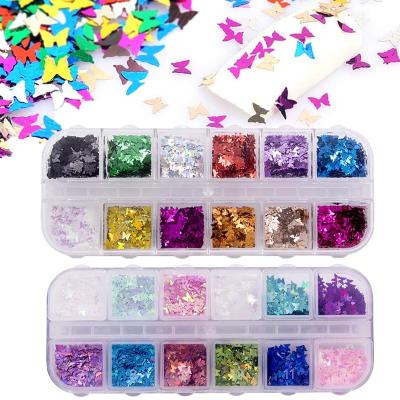 China Nail Decoration Wholesale 12 Colorful Butterfly Nail Glitter Nail Glitter Flakes Beauty 3d Decal Acrylic Manicure Designs Sparkle for sale