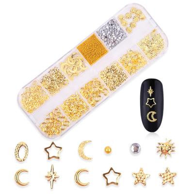 China Wholesale 12 Finger Nail Art Grids 3D Gold Nails Art Charms Jewelry Decoration Alloy Metal Nail Studs Ornament Mixed for sale