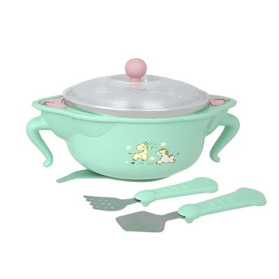 China Children's Stainless Steel Bowl Silicone Suction Baby Food Warmer Bowl With Lid With Spoon Fork Infant Training Baby Bowl for sale