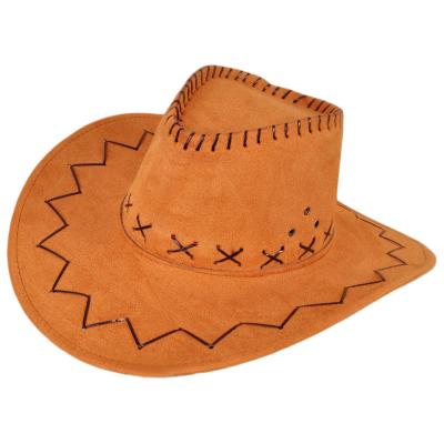 China Wholesale Adults Plush Brown Hot Promotional Straw Mens Custom Cowboy Hat With String Adjustable Suede Promotional Cowboy Hat for sale