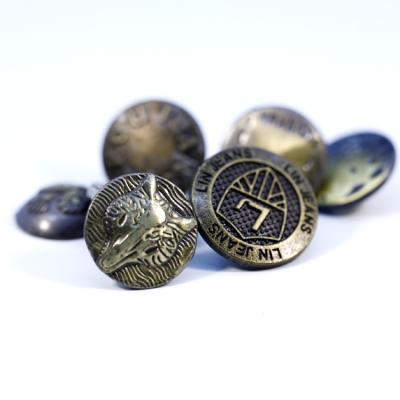 China Custom Embossed Name Logo Metal Button Antique Brass Alloy Viable Color For Jeans Clothing for sale