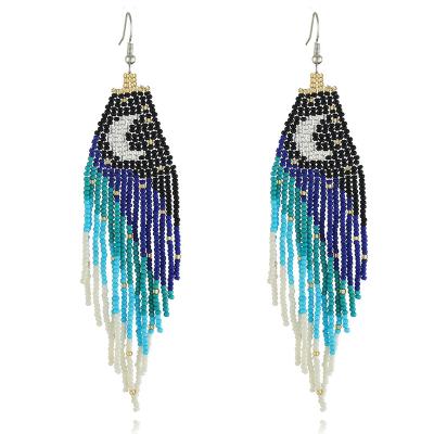 China BOHEMIA Wholesale Price Crescent Fringed Earrings Ethnic Style Rice Beads Shape Long Earrings for sale