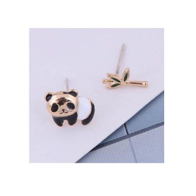 China New Vintage Factory Direct Selling Panda Earrings Painted Oil Bamboo Alloy Leaf Creative Asymmetrical Earrings for sale