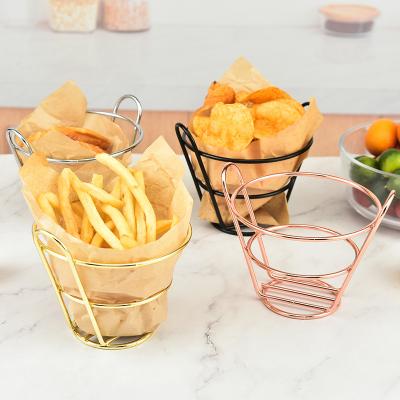 China Gold Color Stainless Steel French Fries Basket Mini Chips Frying Basket French Fries Viable Cone Holder for sale