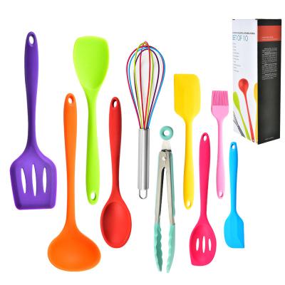 China Stocked Heat Resistant Silicone Kitchen Utensil Set Seamless Colorful 10 Piece Kitchenware Accessories for sale