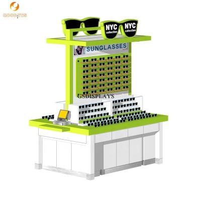 China MDF+Tempered glass+led+metal retail sunglasses wooden store showcase kiosk showcases for shopping mall optical sunglasses showcase kiosk display counters for sale