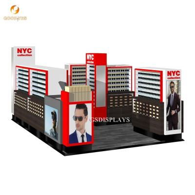 China Hot sale MDF+Tempered glass+led+metal sunglasses kiosk furniture design for shop display wooden optical counter for sale for sale