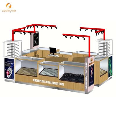 China MDF+Tempered glass+led+metal jewelry shop display kiosk retail wood showcase and retail glass wood top quality mall kiosk for sale