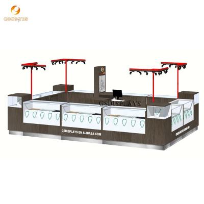 China MDF+Tempered glass+led+metal retail wood customized glass jewelry shop furniture showcase and small mall retail glass wood jewelry kiosk for sale