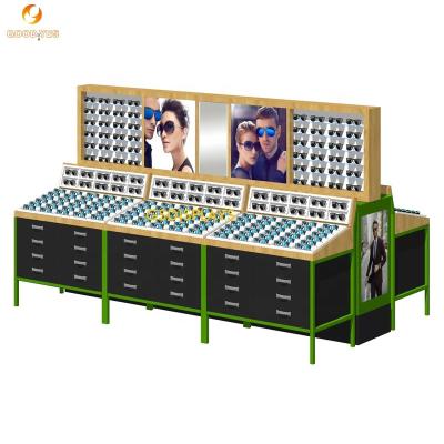 China MDF+Tempered glass+led+metal retail wood wall mounted sunglasses store fixtures wood optical displays glasses wall display glasses show furniture for sale