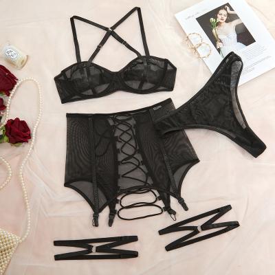 China 2022 new style sexy women's lingerie polyester/cotton foreign trade new fashion women's lingerie three-piece sets hollow black lace-up for sale