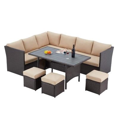 China Weather Outdoor Furniture 7 PCS Outdoor Patio Furniture Set With Chair Sets Clearance Outdoor Rattan Table And Brown Sectional With Cushion for sale