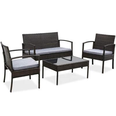 China 2021 New Arrival 4 PCS Patio Outdoor Courtyard Rattan Luxury Time Furniture Balcony Furniture Set With Table Sofa Cushioned for sale