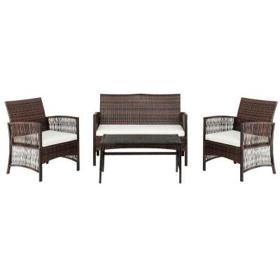 China Outdoor Weather Furniture 4 PC Rattan Patio Furniture Set Garden Lawn Sofa Cushioned Seat Wicker Sofa Brown Home Yard Indoor Outdoor Living Spaces for sale