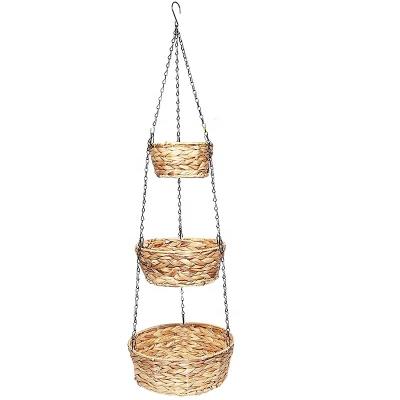 China Sustainable Design Wicker 3 Tier Hanging Fruit Basket with Banana Hanger Product Hanging Basket for Vegetable and Fruit Storage for sale