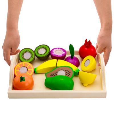 China Pretend kids play kitchen set wooden toy for kids role plating fruits cutting game with wooden fruit and knife play set. for sale