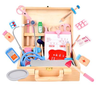 China Wooden Doctors Case Kids Wood Simulation Kit Play Set Medical Carry Role Play Game Pretend Toys For Boys Girls for sale