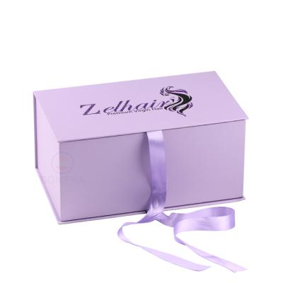 China Recycled Materials Hair Extension Custom Purple Cardboard Gift Box With Satin for sale