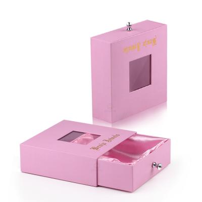 China Handmade Custom Luxury Pink Hair Extension Gift Box Wig Packaging Drawer Box With Window for sale