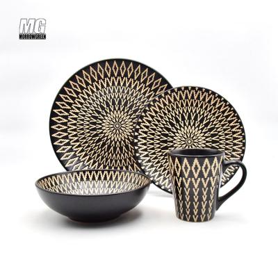 China New Design 16pcs Disposable Ceramic Dinner Sets Printing Type Relief Embossed Stoneware Dinner Set Dinnerware Sets for sale