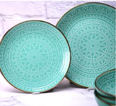 China Hot Selling Disposable Brown Blue Green PAD Printing 18PCS Stoneware Dinnerware Set Luxury Ceramic Dinner Set Dinnerware For Home for sale